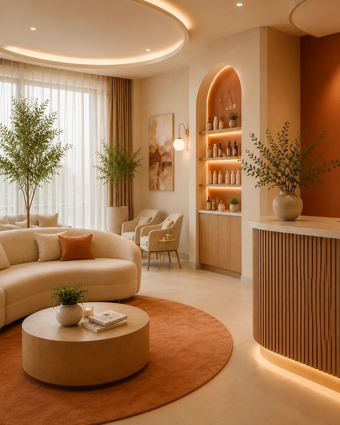 PureSkin clinic waiting lounge with curved seating and a skincare display shelf