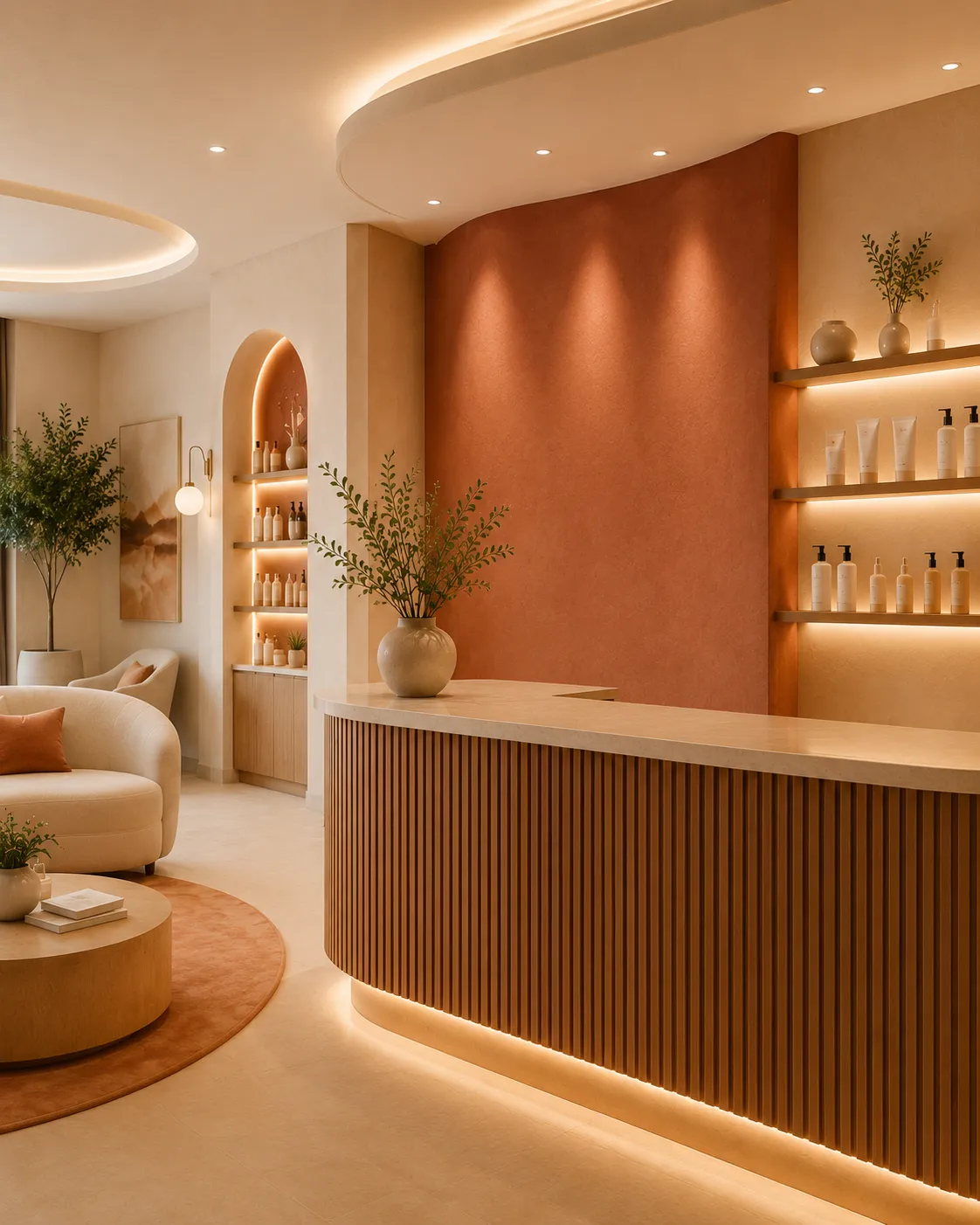 PureSkin clinic reception desk with warm wood paneling and product shelving
