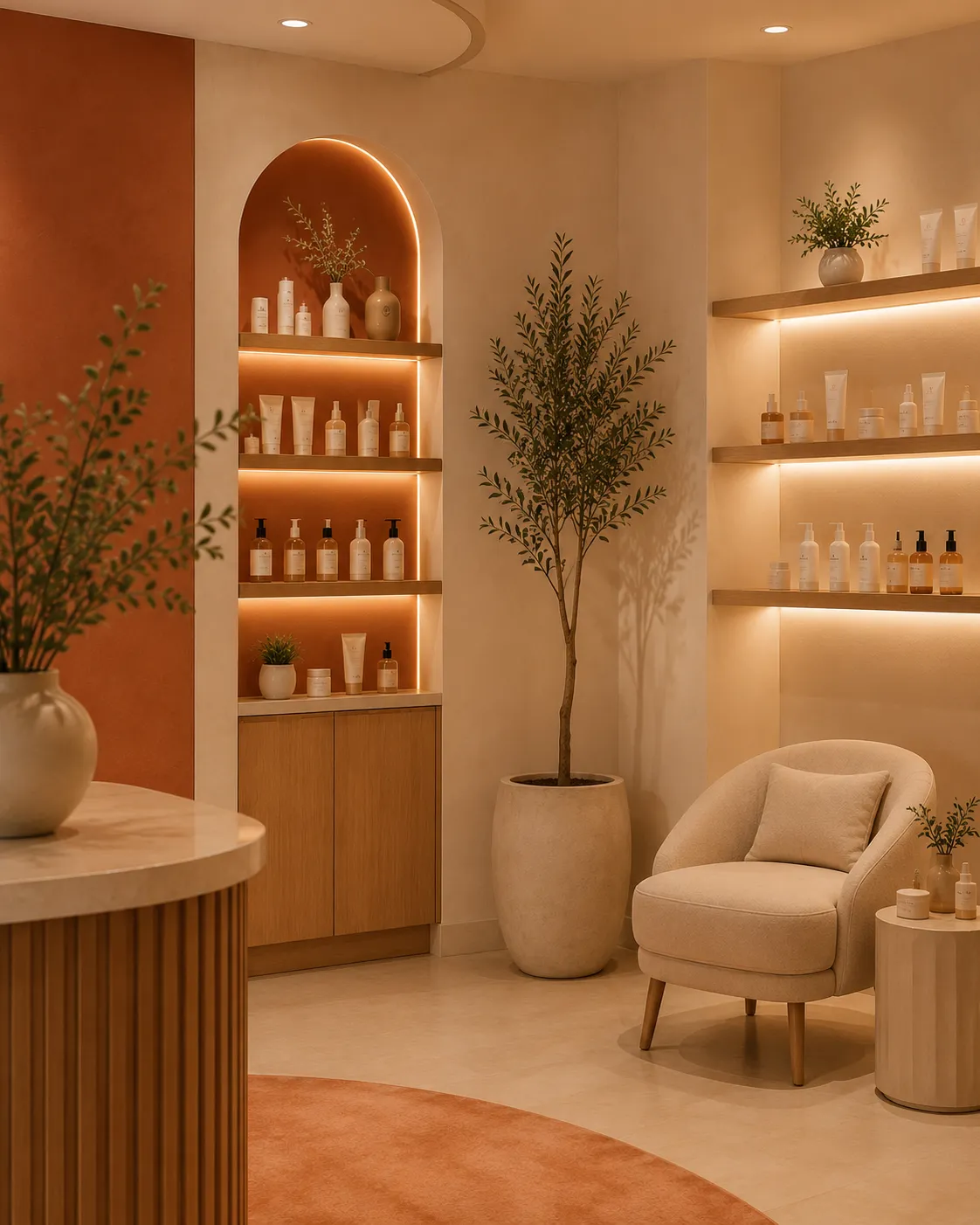 PureSkin clinic product display corner with arched shelving and a lounge chair